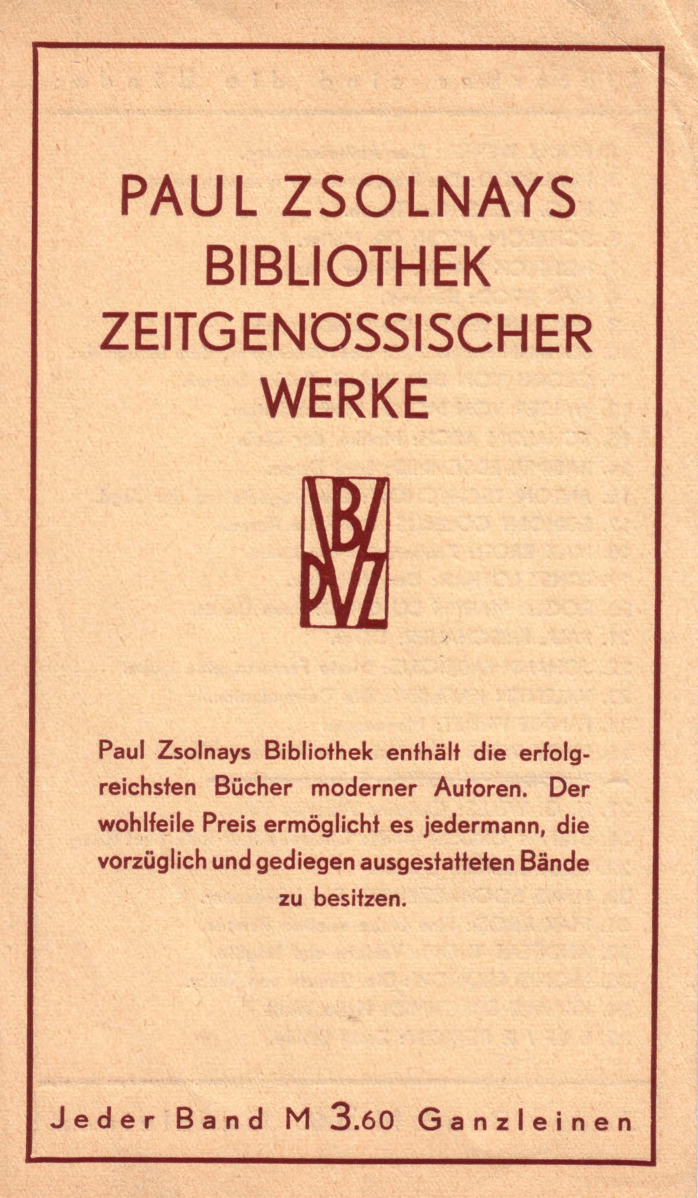 Verlagsprospekt für die 1929 gegründete Bibliothek zeitgenössischer Werke