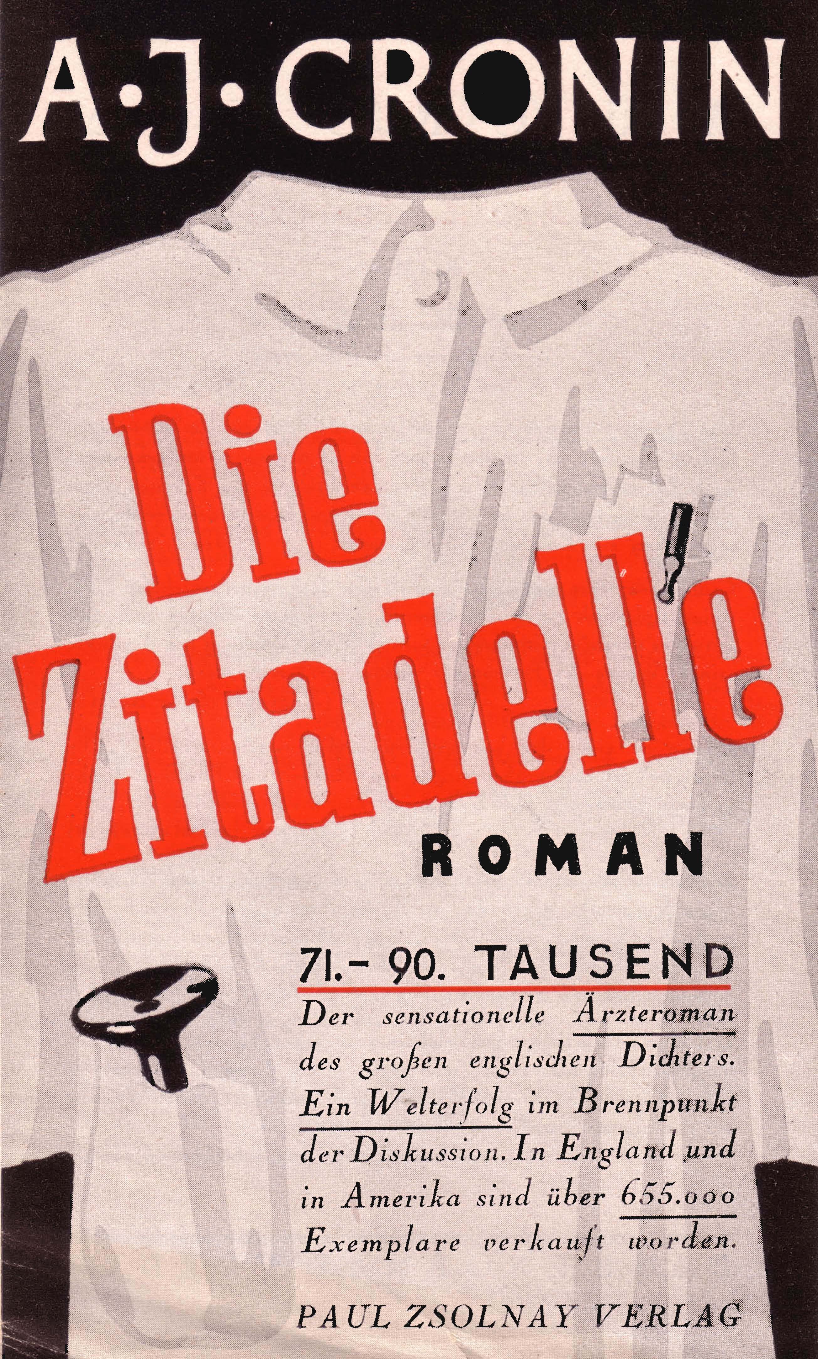 Sonderprospekt für den Bestsellerroman Die Zitadelle (1938) von A.J. Cronin (1896–1981) Einbandentwurf Rudolf Geyer.